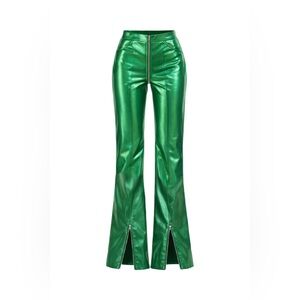 High-Waist Metallic Green Flare Pants with Front Hem Zippers